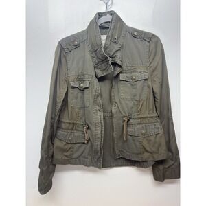 American Rag Military Jacket Womens Medium Cargo Pockets Button Green Hood #33